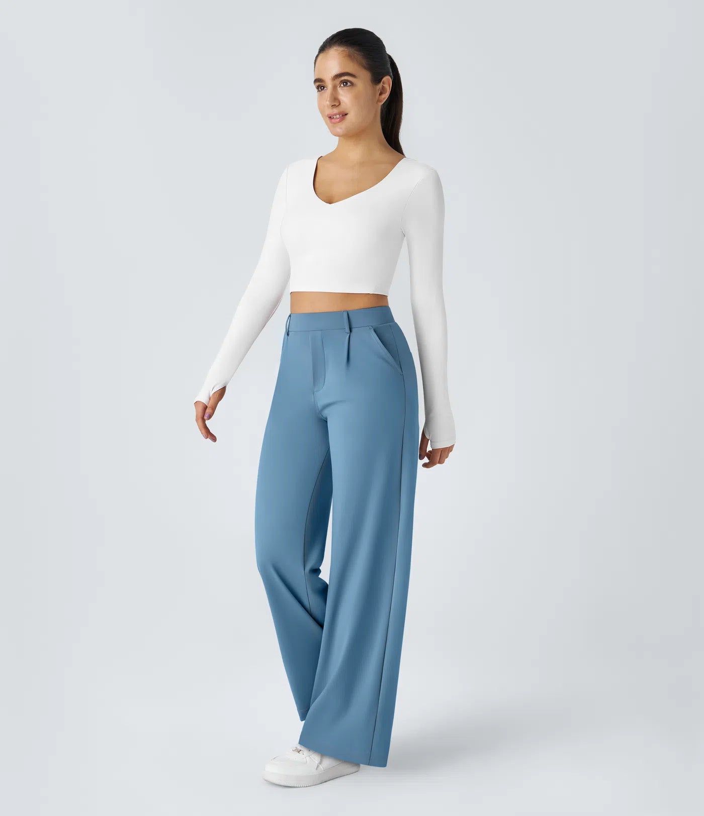 Pantalones de trabajo de cintura alta con bolsillos y pernera recta - Azul Claro