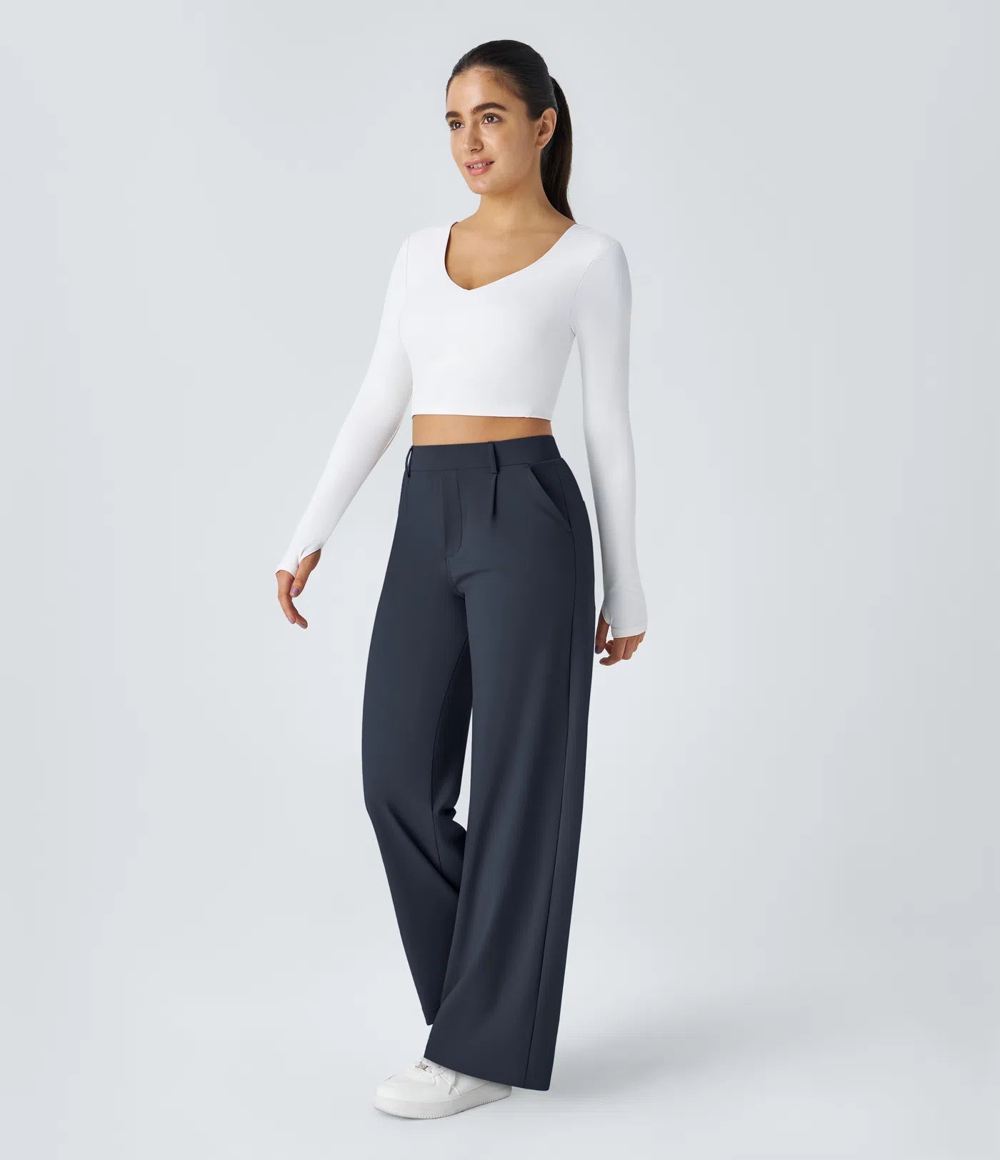 Pantalones de trabajo de cintura alta con bolsillos y pernera recta - Azul Marino