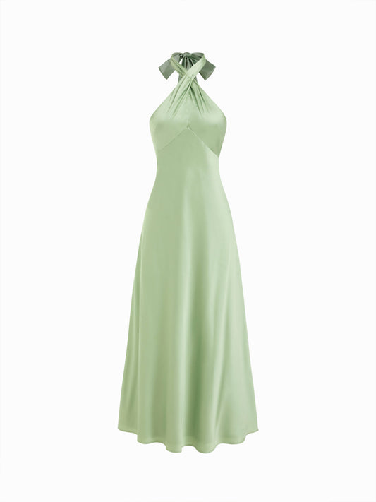 Vestido Maxi A-line con nudo y cuello halter de satén - Verde Matcha