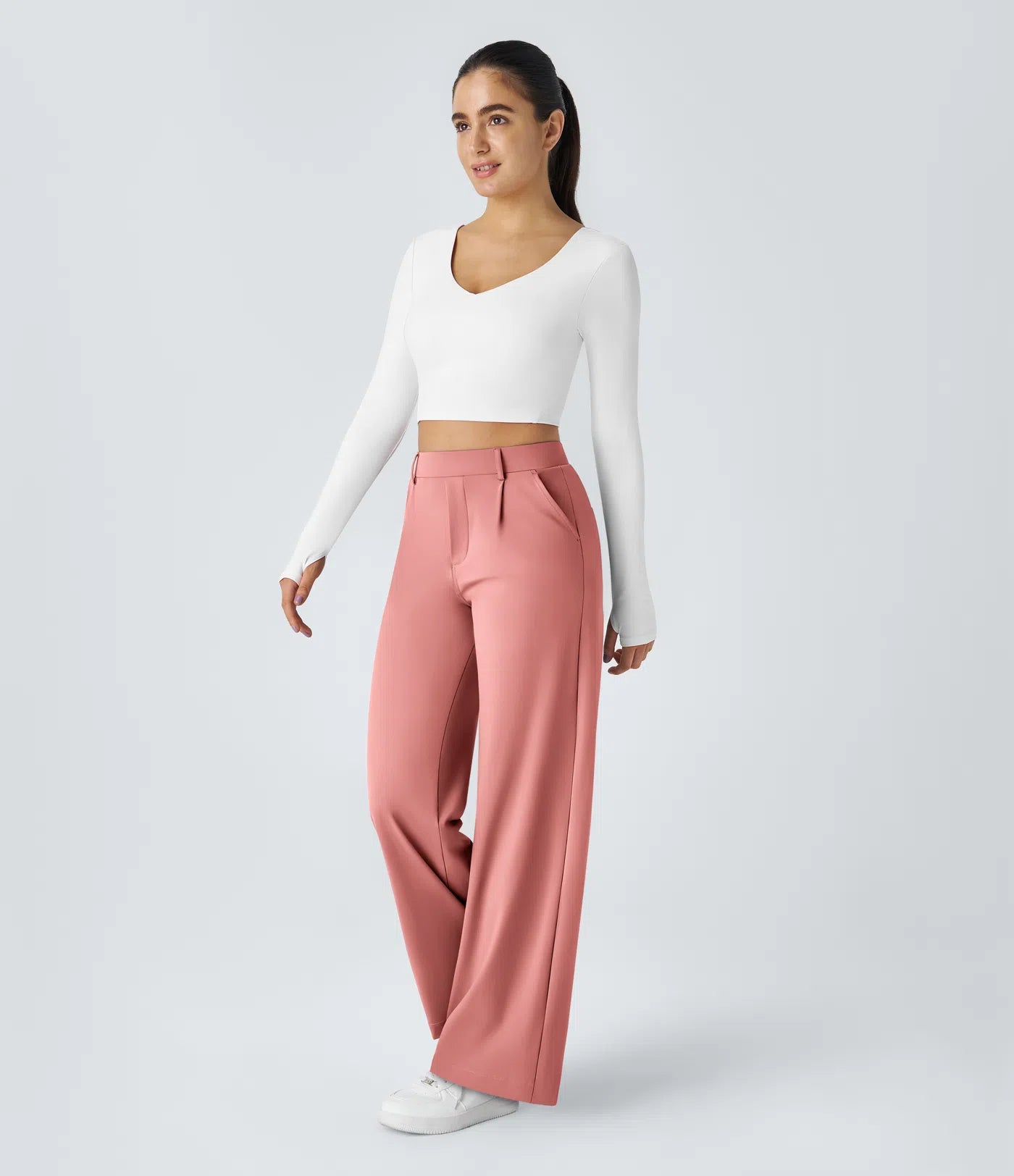 Pantalones de trabajo de cintura alta con bolsillos y pernera recta - Rosa Chuche
