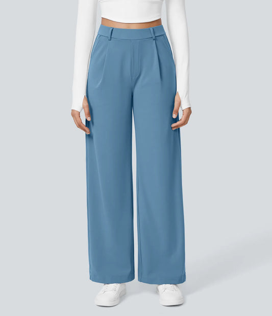 Pantalones de trabajo de cintura alta con bolsillos y pernera recta - Azul Claro