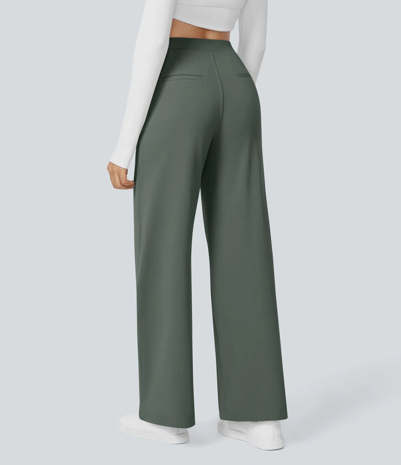 Pantalones de trabajo de cintura alta con bolsillos y pernera recta - Verde Oscuro