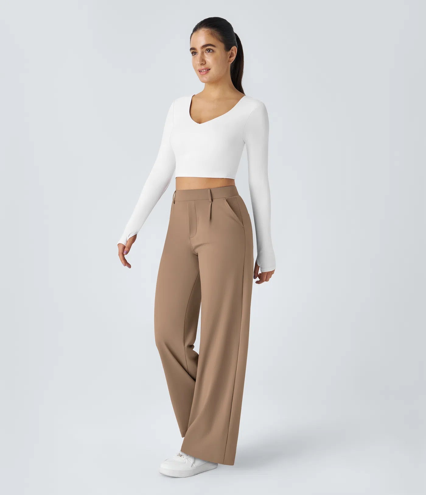 Pantalones de trabajo de cintura alta con bolsillos y pernera recta - Marrón