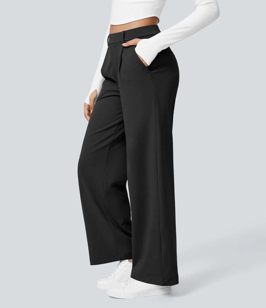 Pantalones de trabajo de cintura alta con bolsillos y pernera recta - Negro