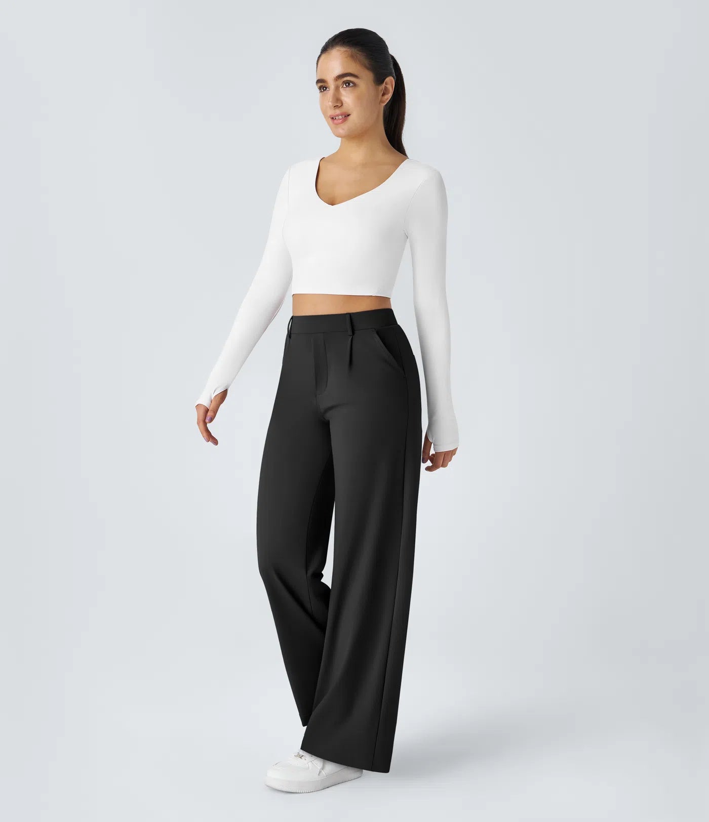 Pantalones de trabajo de cintura alta con bolsillos y pernera recta - Negro