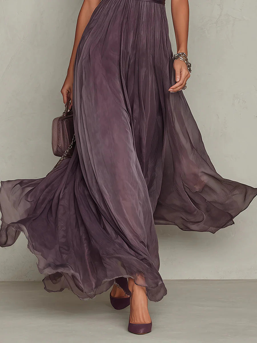 Julie I Vestido largo violeta con escote de lágrima y borde de encaje de gasa chiffon