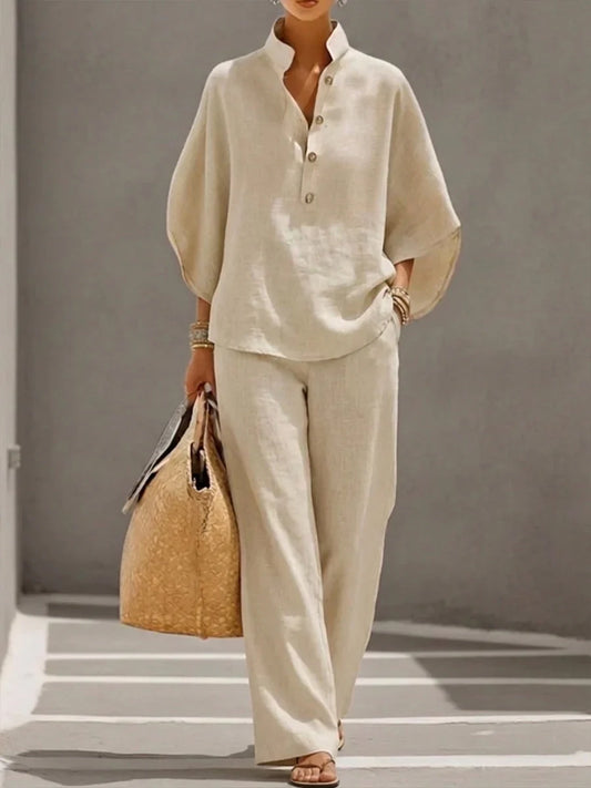 Maribel™ | Conjunto de lino con mangas y pantalón ancho