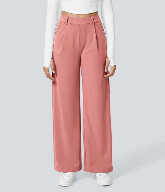 Pantalones de trabajo de cintura alta con bolsillos y pernera recta - Rosa Chuche