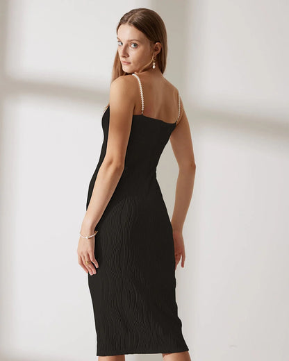 Vestido Midi Texturizado Efecto Ondas de Agua - Negro