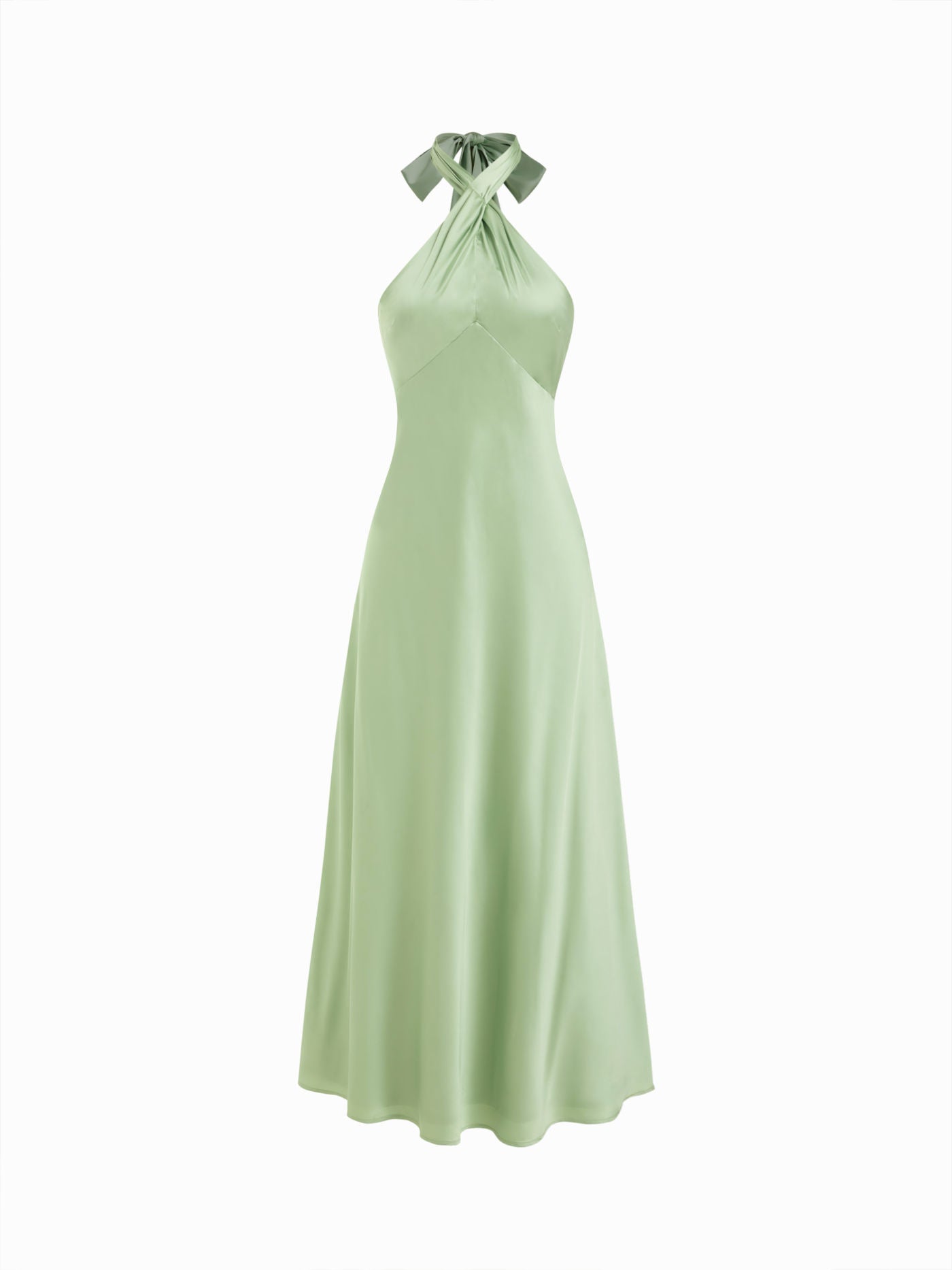 Vestido Maxi A-line con nudo y cuello halter de satén - Verde Matcha