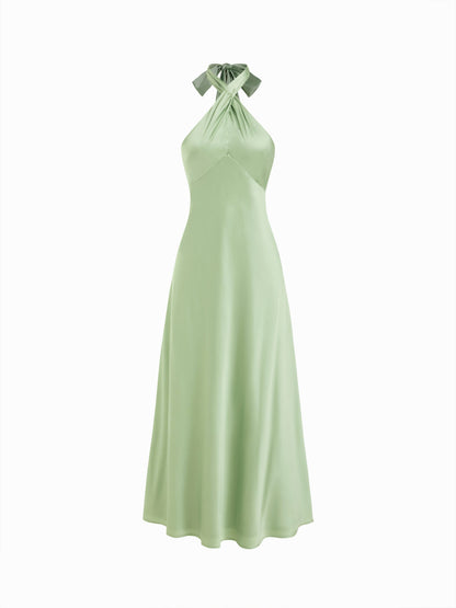 Vestido Maxi A-line con nudo y cuello halter de satén - Verde Matcha