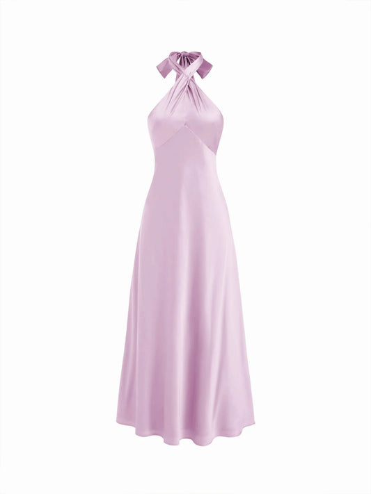 Vestido Maxi A-line con nudo y cuello halter de satén - Viola
