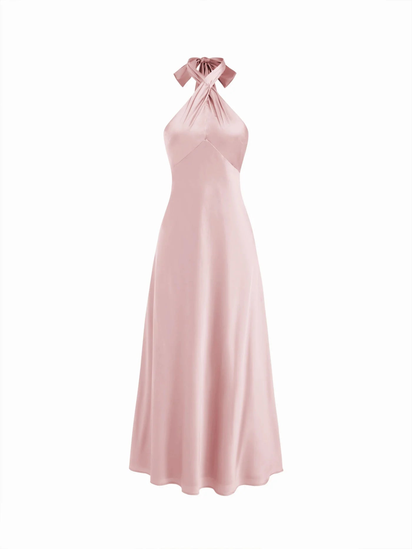 Vestido Maxi A-line con nudo y cuello halter de satén - Rosa Claro