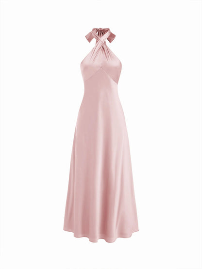 Vestido Maxi A-line con nudo y cuello halter de satén - Rosa Claro