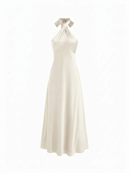 Vestido Maxi A-line con nudo y cuello halter de satén - Crema