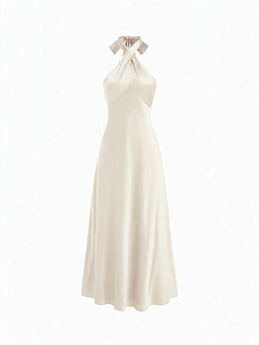 Vestido Maxi A-line con nudo y cuello halter de satén - Crema