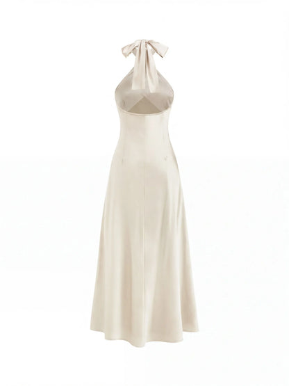 Vestido Maxi A-line con nudo y cuello halter de satén - Crema