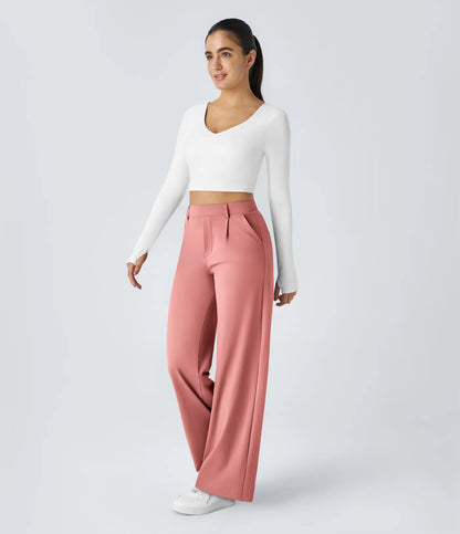 Pantalones de trabajo de cintura alta con bolsillos y pernera recta - Rosa Chuche