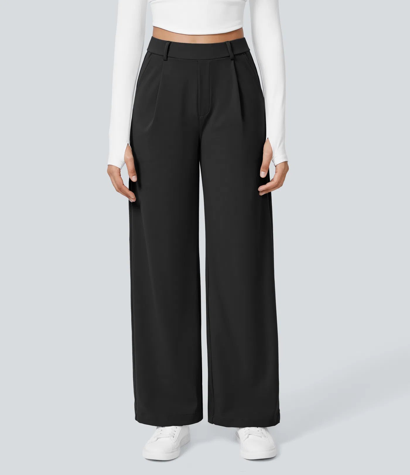 Pantalones de trabajo de cintura alta con bolsillos y pernera recta - Negro