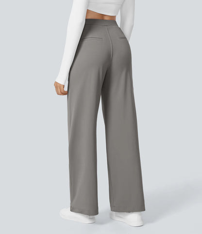 Pantalones de trabajo de cintura alta con bolsillos y pernera recta - Gris
