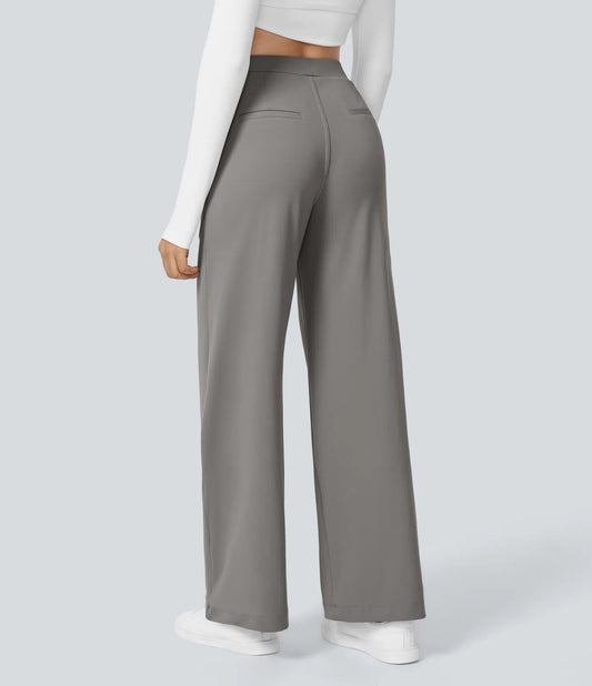 Pantalones de trabajo de cintura alta con bolsillos y pernera recta - Gris