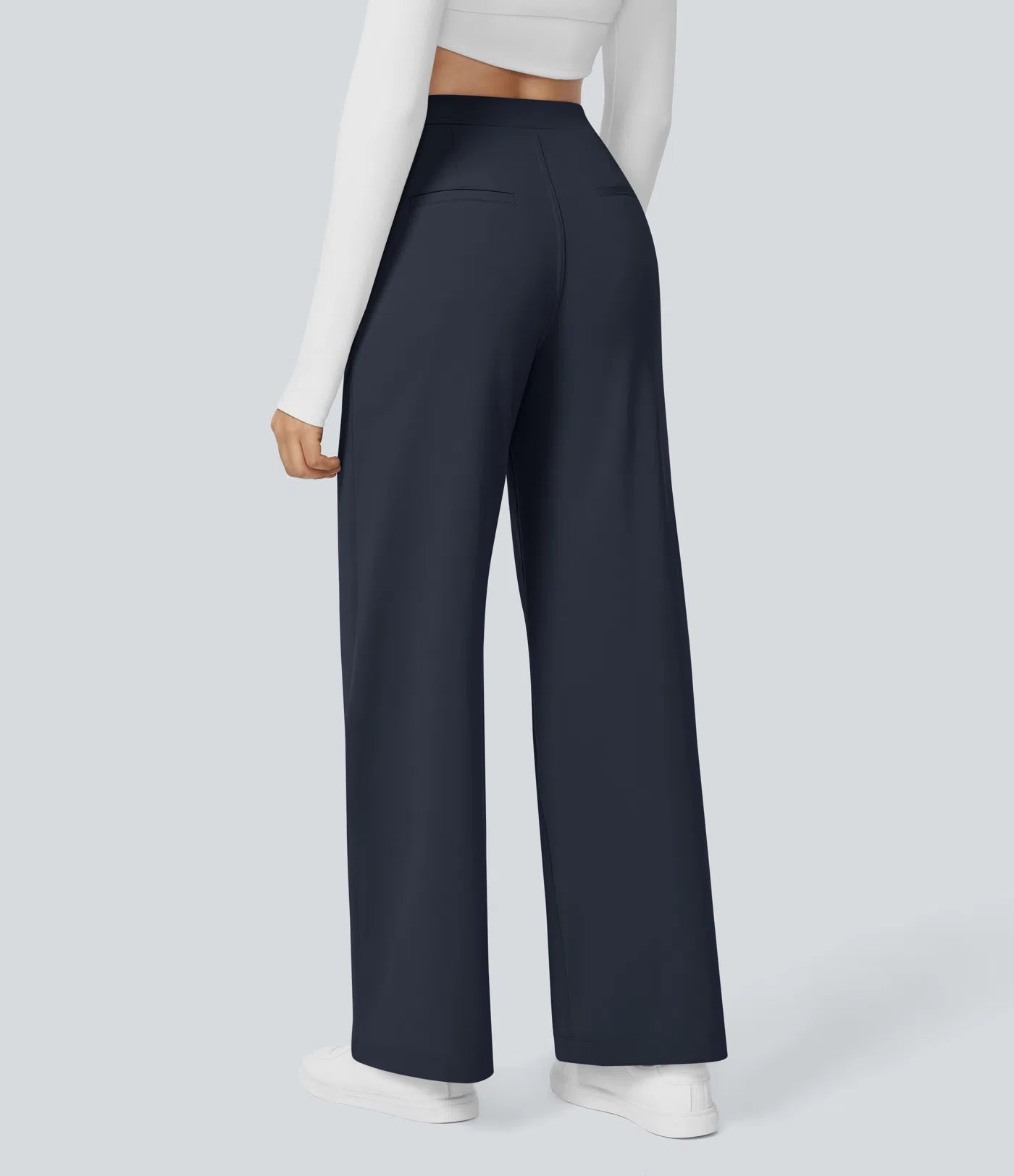 Pantalones de trabajo de cintura alta con bolsillos y pernera recta - Azul Marino