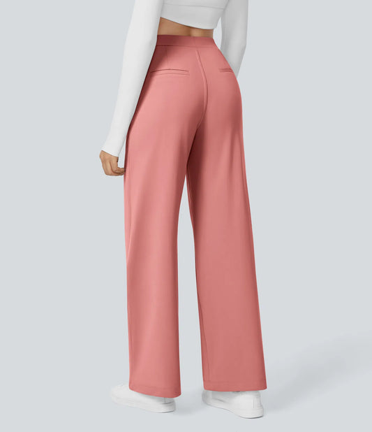 Pantalones de trabajo de cintura alta con bolsillos y pernera recta - Rosa Chuche