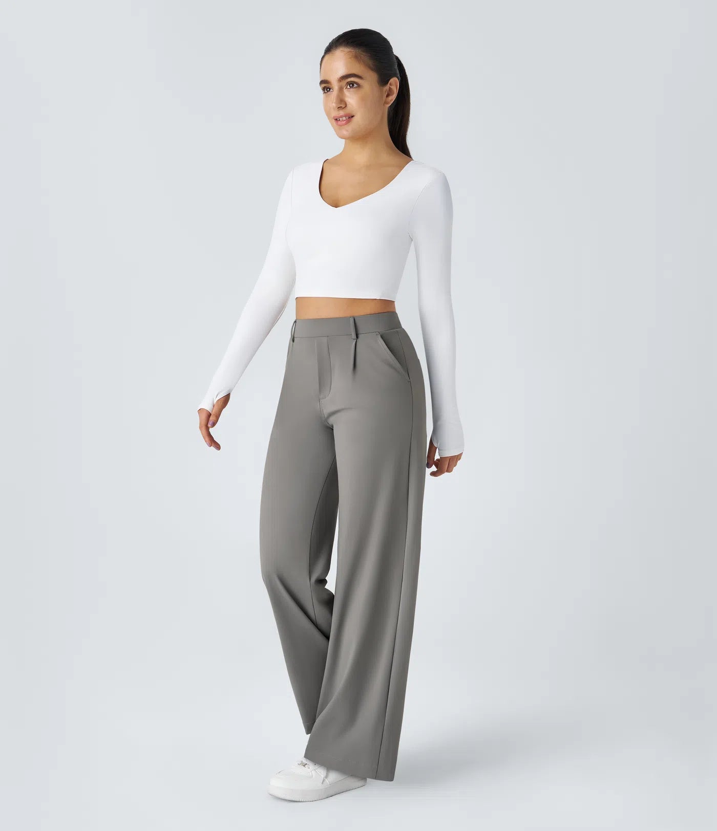 Pantalones de trabajo de cintura alta con bolsillos y pernera recta - Gris