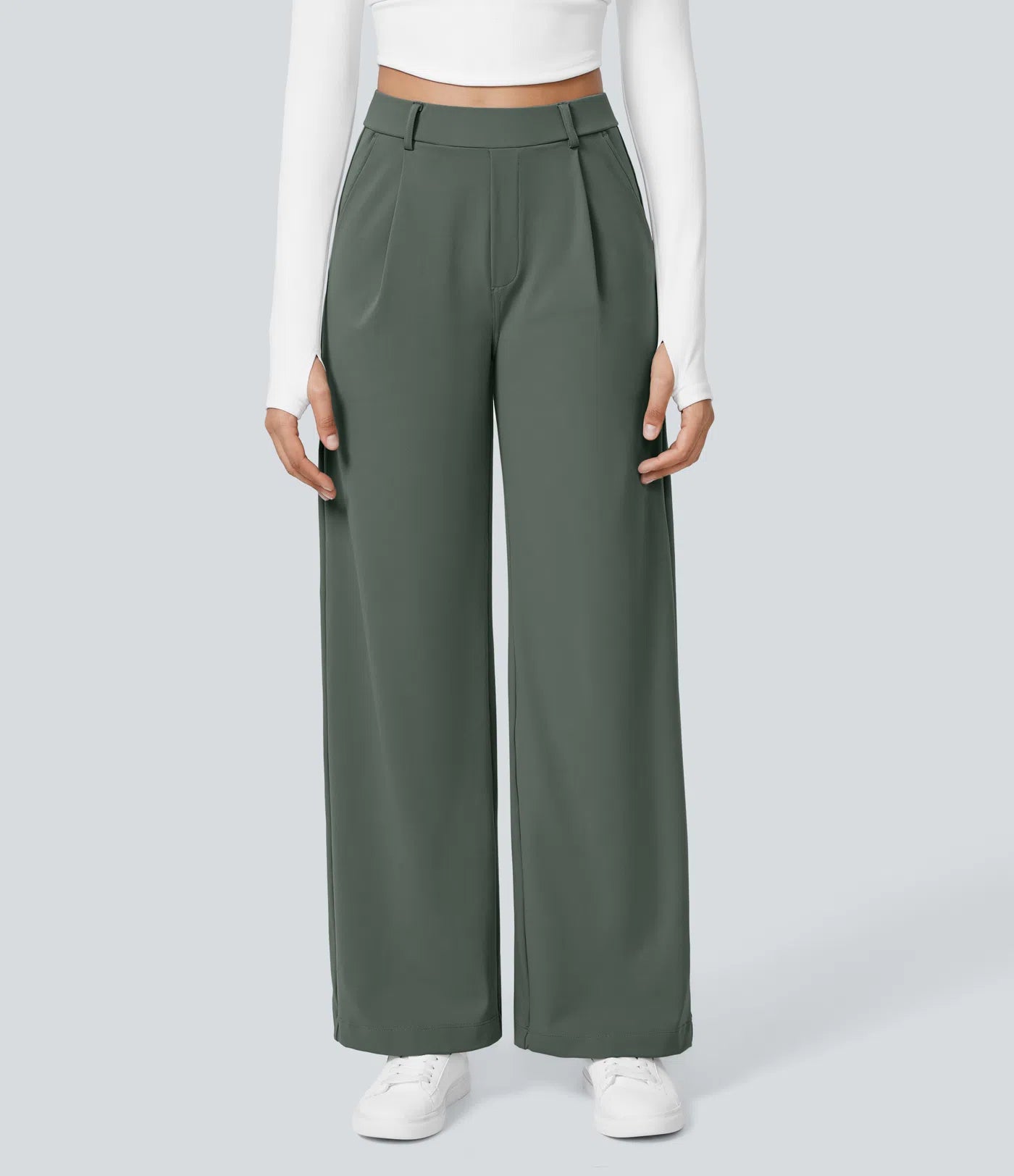 Pantalones de trabajo de cintura alta con bolsillos y pernera recta - Verde Oscuro