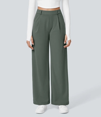 Pantalones de trabajo de cintura alta con bolsillos y pernera recta - Verde Oscuro