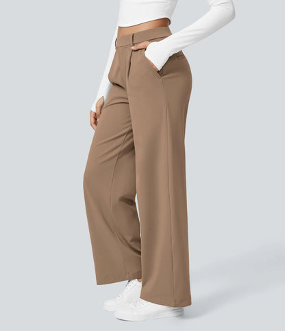 Pantalones de trabajo de cintura alta con bolsillos y pernera recta - Marrón