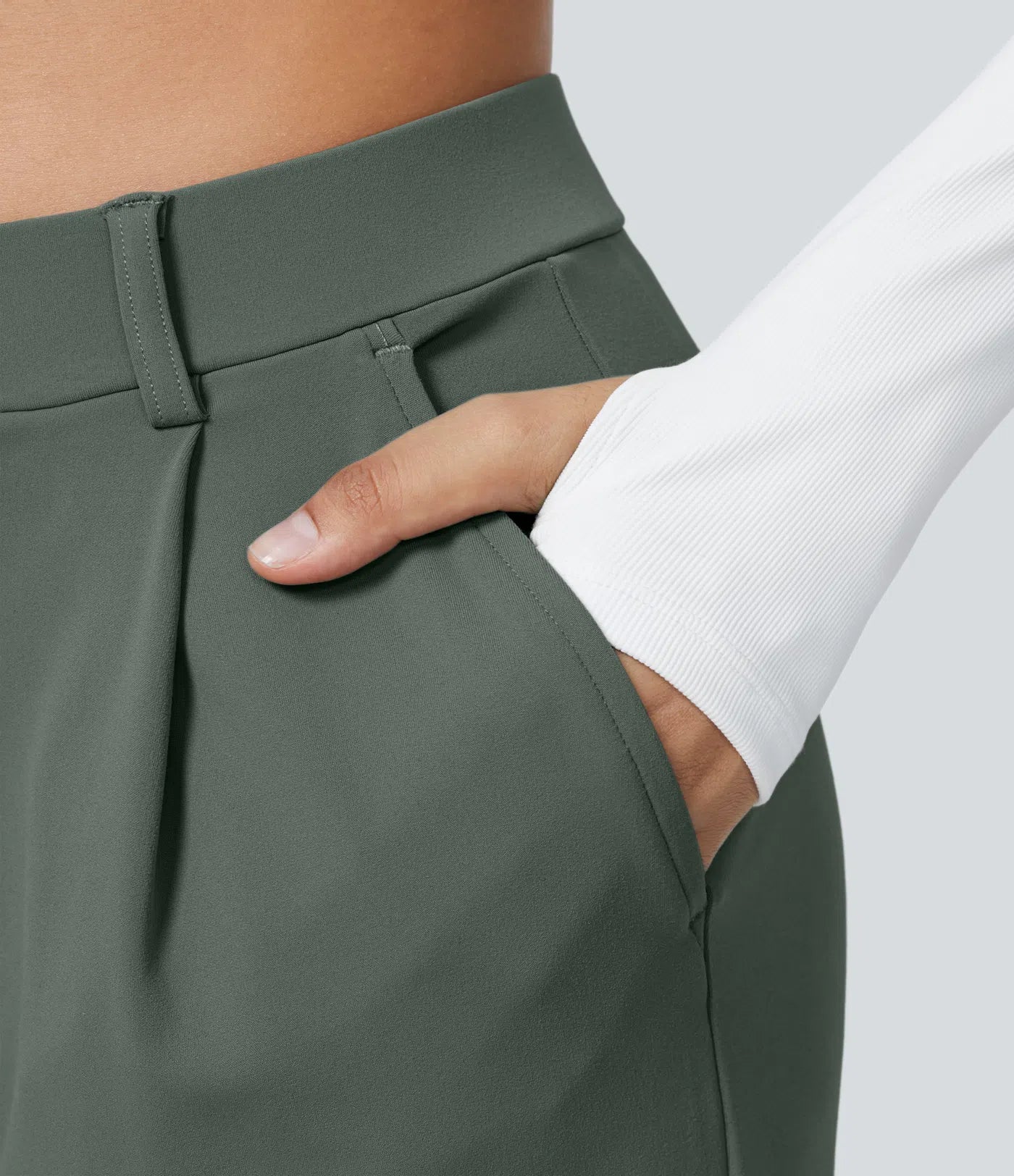 Pantalones de trabajo de cintura alta con bolsillos y pernera recta - Verde Oscuro