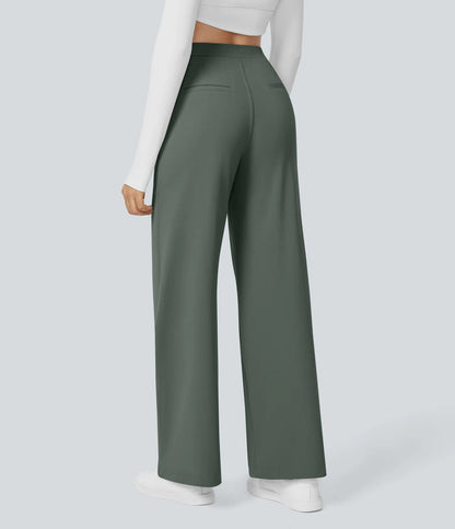 Pantalones de trabajo de cintura alta con bolsillos y pernera recta - Verde Oscuro