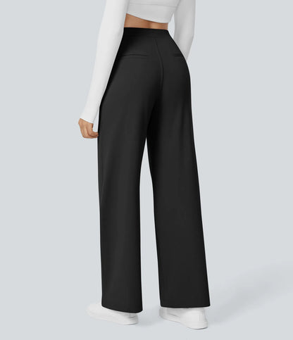 Pantalones de trabajo de cintura alta con bolsillos y pernera recta - Negro