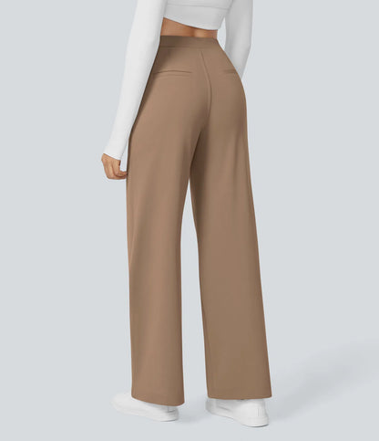 Pantalones de trabajo de cintura alta con bolsillos y pernera recta - Marrón
