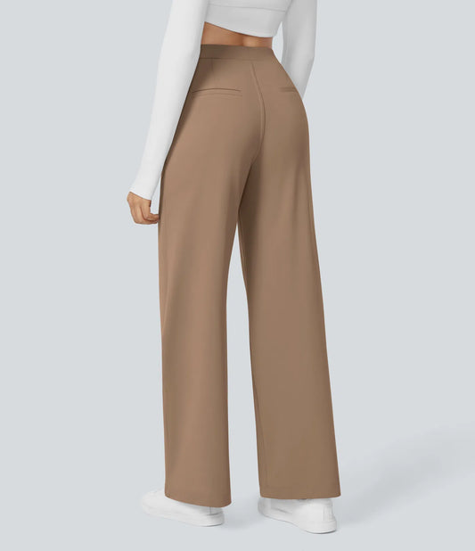 Pantalones de trabajo de cintura alta con bolsillos y pernera recta - Marrón