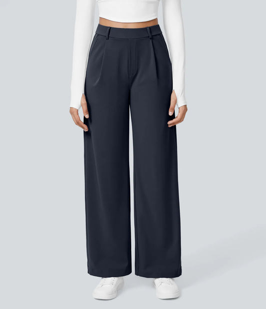 Pantalones de trabajo de cintura alta con bolsillos y pernera recta - Azul Marino