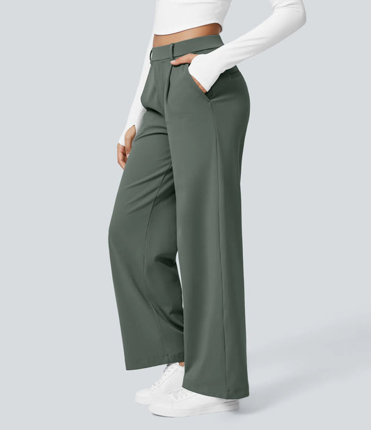 Pantalones de trabajo de cintura alta con bolsillos y pernera recta - Verde Oscuro
