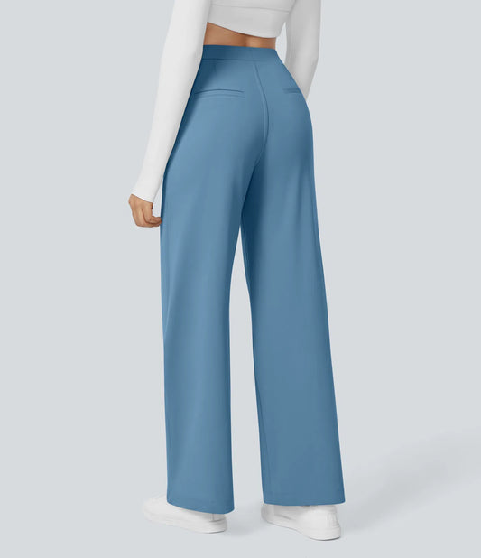 Pantalones de trabajo de cintura alta con bolsillos y pernera recta - Azul Claro