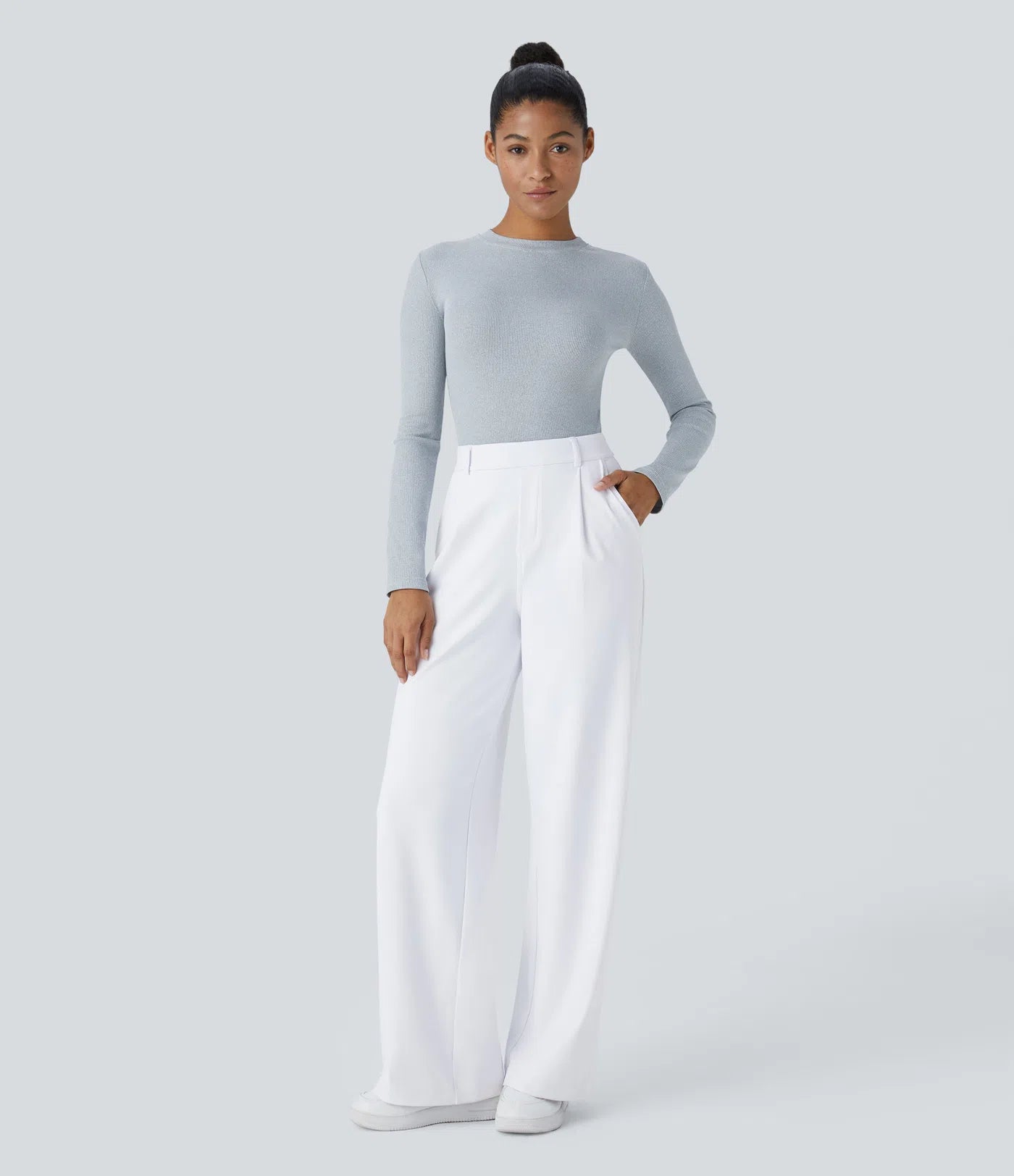 Pantalones de trabajo de cintura alta con bolsillos y pernera recta - Blancos