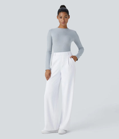 Pantalones de trabajo de cintura alta con bolsillos y pernera recta - Blancos