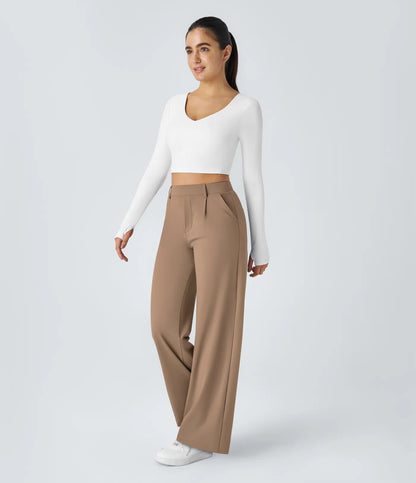 Pantalones de trabajo de cintura alta con bolsillos y pernera recta - Marrón