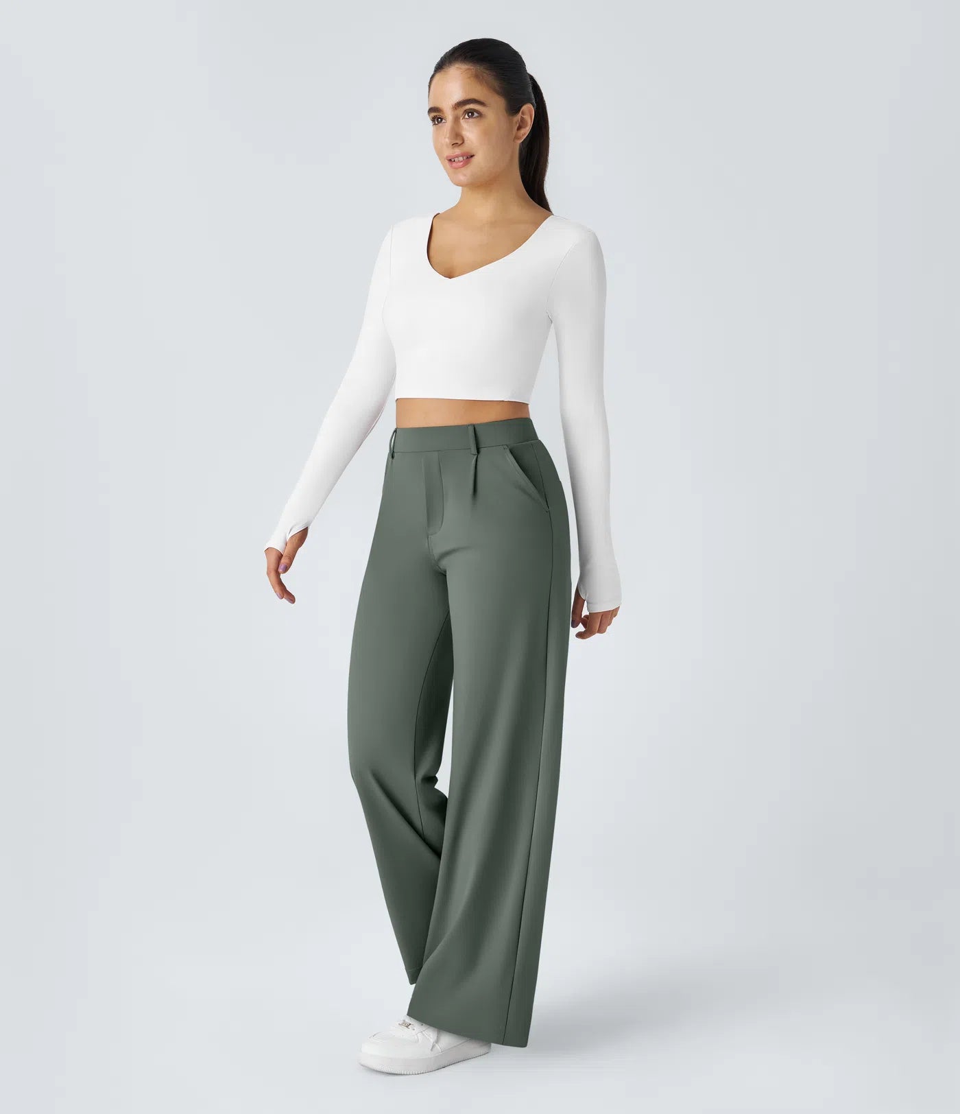 Pantalones de trabajo de cintura alta con bolsillos y pernera recta - Verde Oscuro