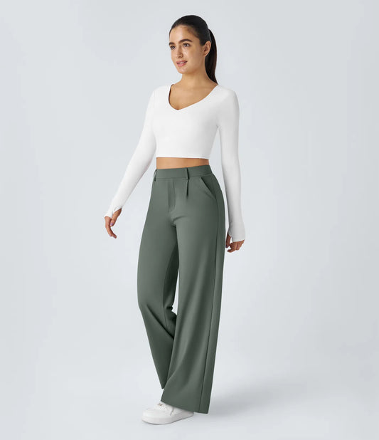 Pantalones de trabajo de cintura alta con bolsillos y pernera recta - Verde Oscuro