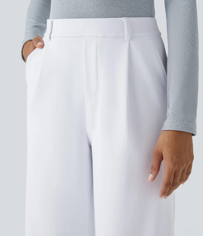 Pantalones de trabajo de cintura alta con bolsillos y pernera recta - Blancos