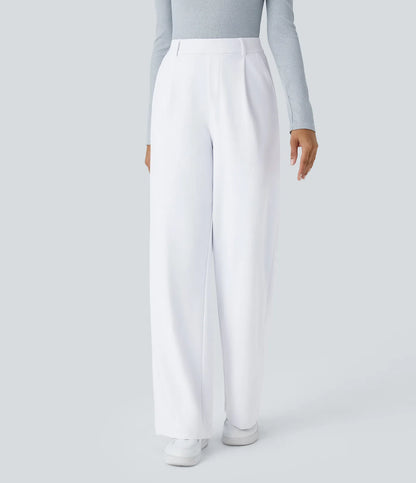 Pantalones de trabajo de cintura alta con bolsillos y pernera recta - Blancos