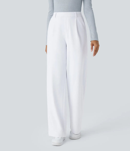 Pantalones de trabajo de cintura alta con bolsillos y pernera recta - Blancos