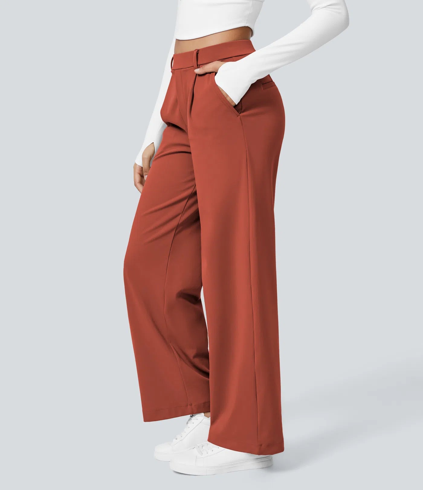 Pantalones de trabajo de cintura alta con bolsillos y pernera recta - Cinnabar