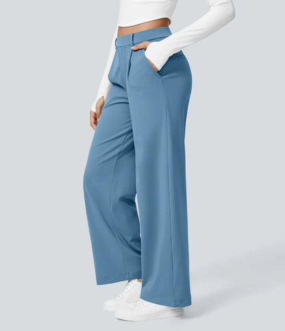 Pantalones de trabajo de cintura alta con bolsillos y pernera recta - Azul Claro
