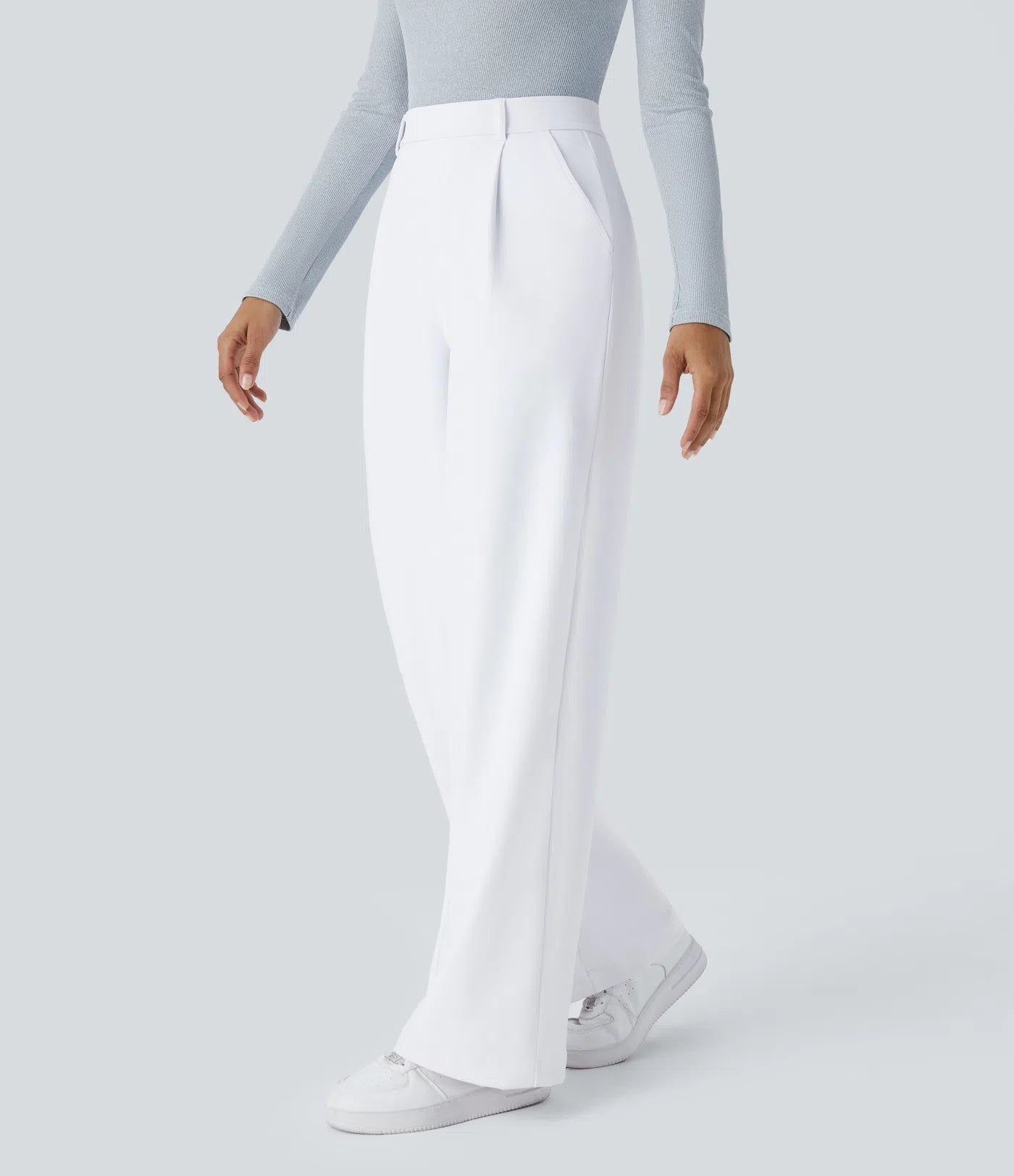Pantalones de trabajo de cintura alta con bolsillos y pernera recta - Blancos